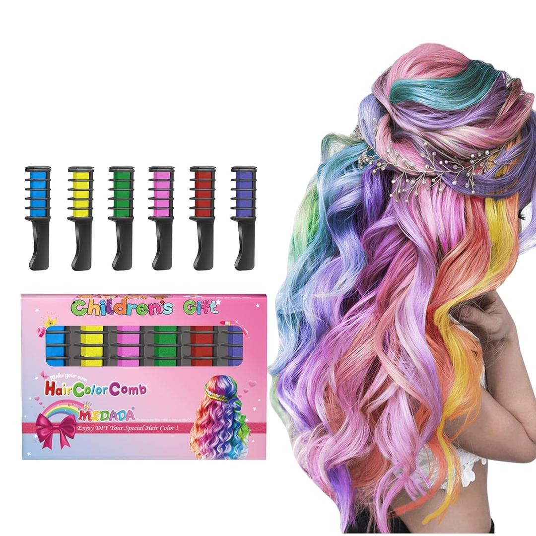 New Hair Chalk Comb Temporary DIY Hair Color for girls kids age 4 5 6 7 8 9 10 Washable Hair Chalk for Christmas Birthday Cosplay (Blue, Yellow, Purple, Red, Green, Pink)