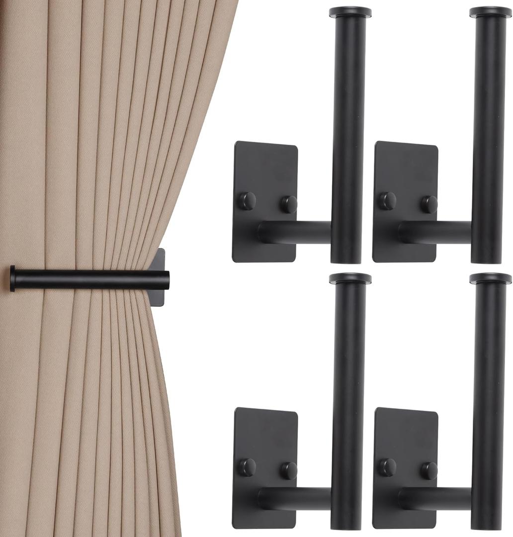 OCIOLI 4 Pack No Drill Curtain Holdbacks - Self-Adhesive/Screw-in Metal Curtain Tie Backs with Rustproof SUS304 Steel, Wall Mount Drapery Hooks, Damage-Free Installation for All Curtains (4, Black)