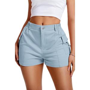 ELLEVEN Cargo Shorts Women Y2K Mini Summer Shorts with Pockets High Stretch Elastic Waist Cotton Casual Hiking Short Skinny Sexy Hot Streetwear Trendy Light Blue Medium (Blue, M)