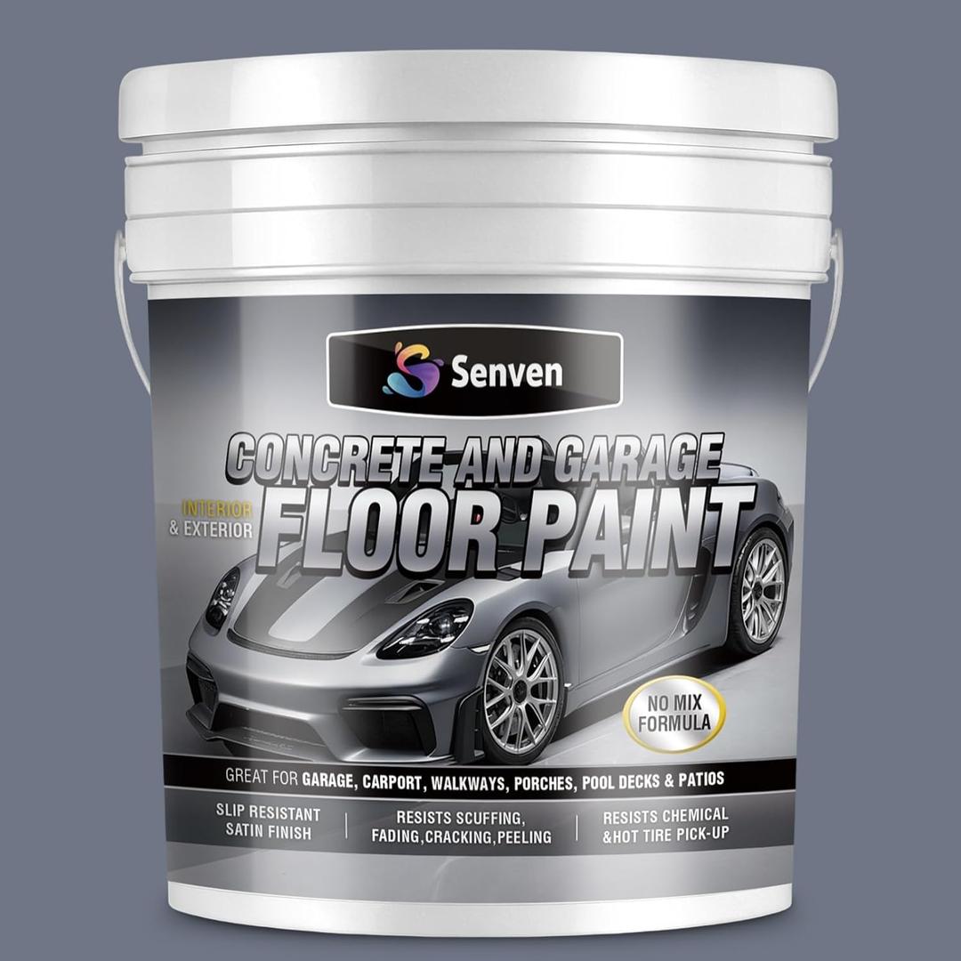 SENVEN Acrylic Concrete & Garage Floor Paint Gray 1 Gallon, Interior/Exterior Concrete Paint for Basement Floors, Porches, Driveways Concrete Coating for Decks Semi Gloss, 128 Fl Oz