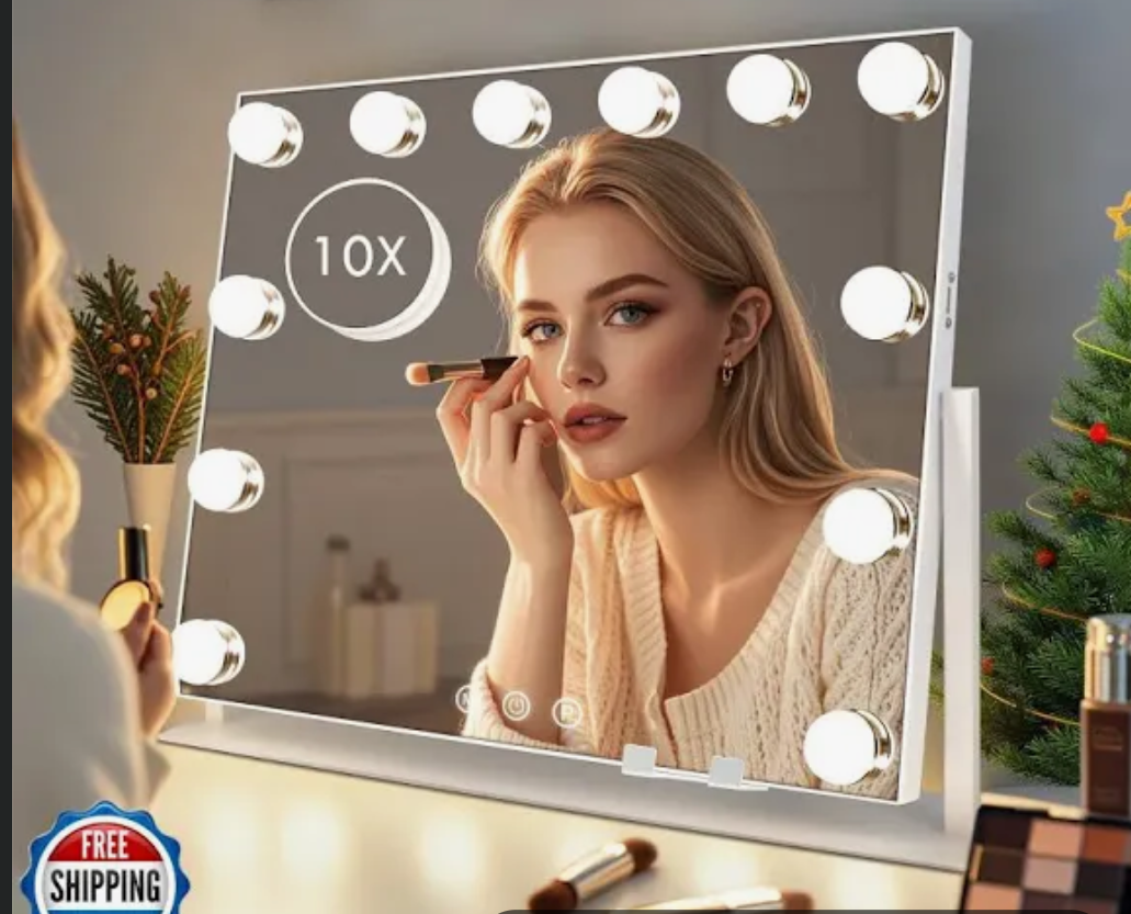 Hollywood Makeup Mirror with Lights,22 x 17” Lighted Vanity Mirror with 3 Light Modes, Detachable 10X Zoom Magnifying Mirror, 360° Rotatable, Metal
