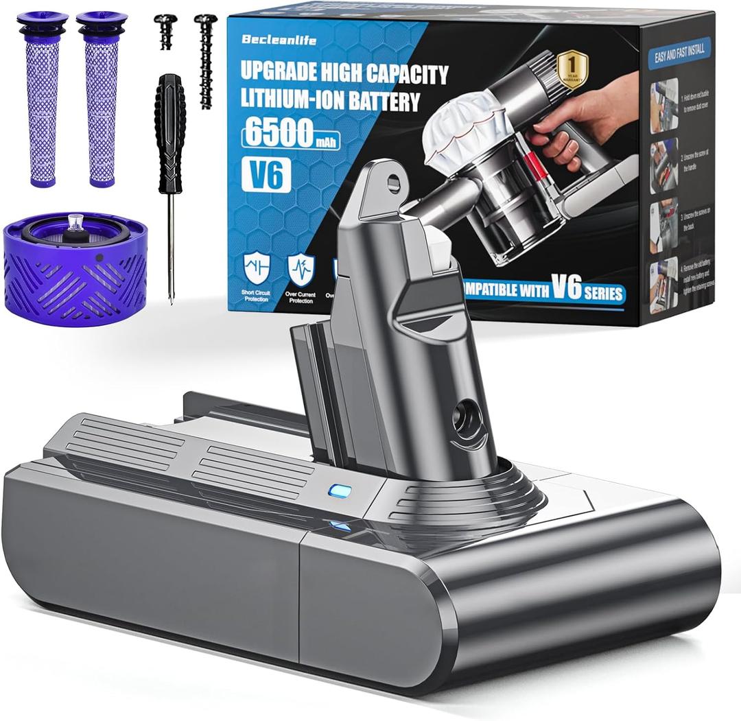 Becleanlife 6500mAh V6 Battery Replacement Compatible with Dyson V6 Animal/Absolute/Motorhead/Fluffy SV03 SV04 SV05 SV06 SV07 SV09 DC58 DC59 DC61 DC62 DC72 DC74 Vacuum Cleaner
