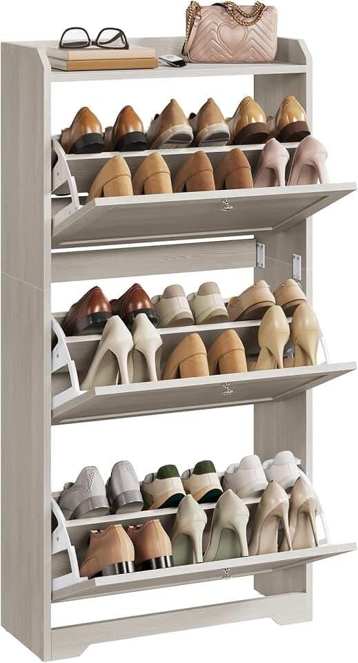 VASAGLE Shoe Organizer, Adjustable Dividers, Oatmeal Beige | Adjustable and Removable Dividers, Shoe Cabinet, 3 Flip Drawers, Holds 12-20 Pairs, Entryway, 9.4 x 23.6 x 47.7 Inches