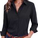 Women's Basic Button Down Shirts Long Sleeve Plus Size Simple Stretch Formal Casual Shirt Blouse (Black, L)