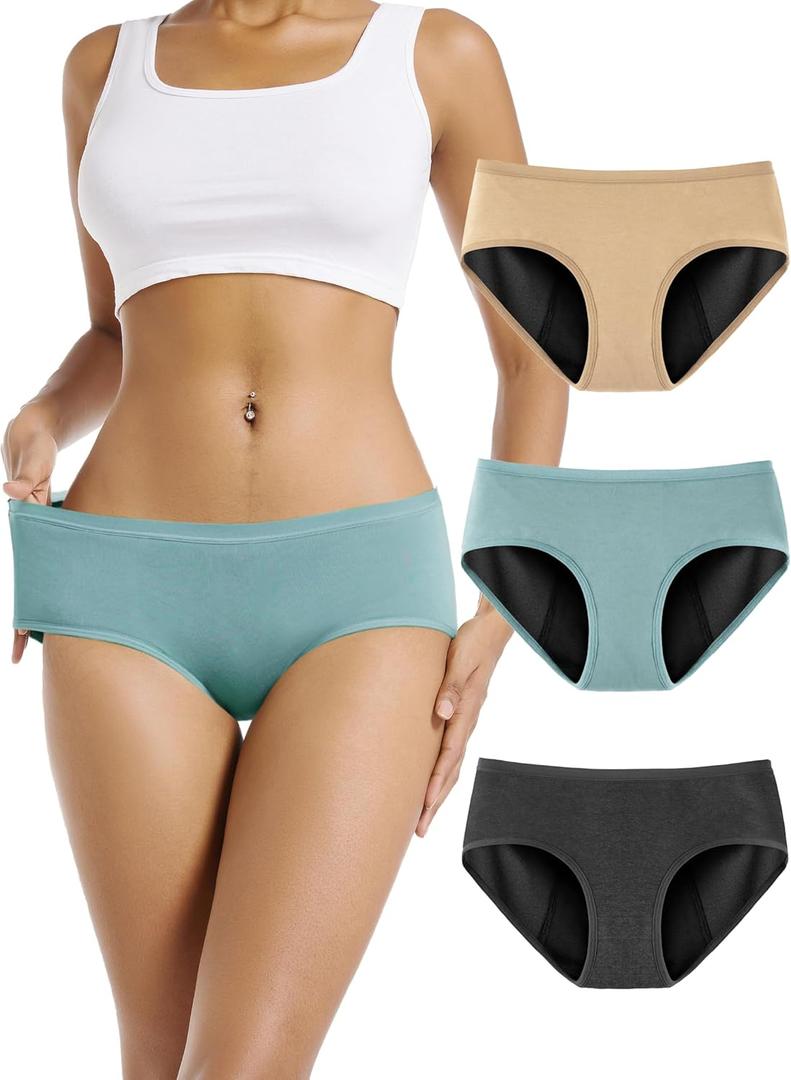 TIICHOO Period Underwear for Women Heavy Flow Soft Absorbent Menstrual Panties Teens Incontinence Leakproof 3 Pack (Small, Turquoise/Beige/Charcoal Gray) TIICHOO Period Underwear for Women Heavy Flow Soft Absorbent Menstrual Panties Teens Incontinence Leakproof 3 Pack (Small, Turquoise/Beige/Charcoal Gray)