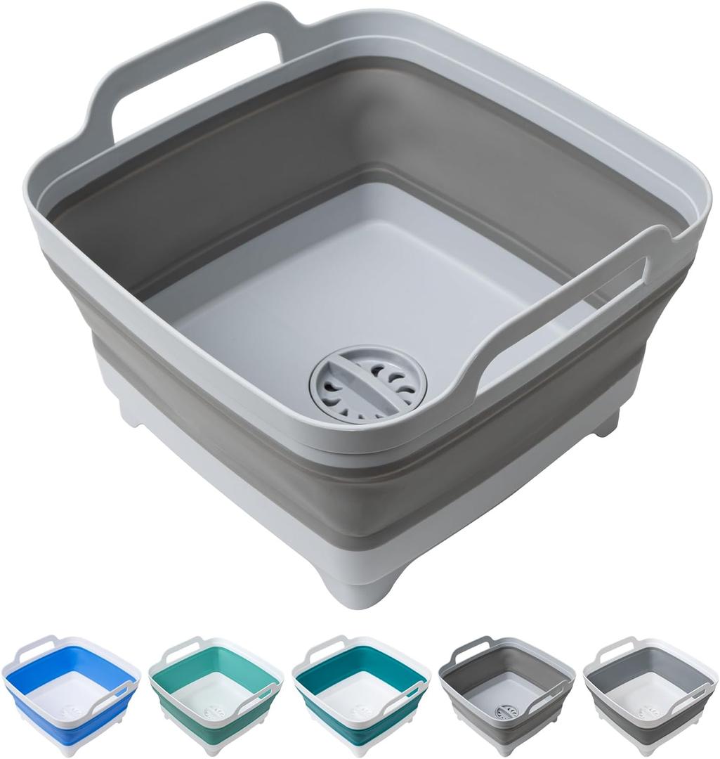 Tiawudi Dishpan for Washing Dishes, 2.4Gal/9L Wash Basin with Draining Plug Carry Handles, Collapsible Bucket for Cleaning, Portable Sink, Foldable Plastic Tub, 1PC (All Grey)