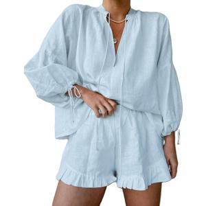 Mxiqqpltky Linen Shorts Sets Women 2 Piece Outfits Long Sleeve Tie Front Tops and Ruffled Boxer Shorts Matching Lounge Sets (Medium, Blue)