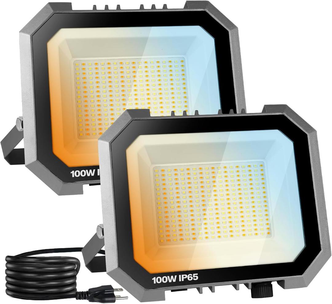 2 Pack LED Flood Lights Outdoor, 3CCT 3000/4000/6000K Selectable 100W 10000LM Floodlight Outside Work Light with 5.9FT Plug, IP65 Waterproof LED Flood Light for Garage, Yard, Lawn, Garden