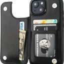 ONETOP Compatible with iPhone 15 Wallet Case with Card Holder, PU Leather Kickstand Card Slots Case, Double Magnetic Clasp and Durable Shockproof Cover 6.1 Inch (Black)