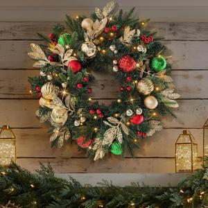 28 Pre-Lit Artificial Christmas Wreath Battery Operated 35 LED Lights with Gold, Green, and Red Ornaments, Glittering Gold Leaf Steams for Front Door, Xmas Wreath for Holiday Christmas Decorations (Classic)