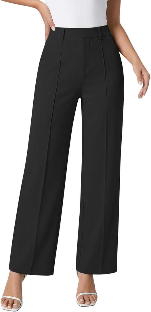 Dress Pants for Women Work Pants Wide Leg Pull On Stretchy Business Casual Trousers High Waisted Slacks with Pockets, Size S