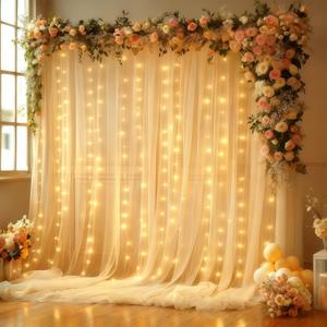 10x10FT Champagne Wrinkle Free Backdrop Curtains with Lights String for Parties - Photo Curtain Backdrop with Lights for Wedding Decorations, Bridal Baby Shower Birthday Party Photography Background (10ftx10ft (W5'xh10', 2 Panels))