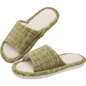 2 x Womens Slippers, Linen Flax House Slippers for Women Men Unisex, Cute Soft Open Toe Summer Bedroom Slides House Shoes Indoor Outdoor Shower Drys fast (5-6, Matcha)