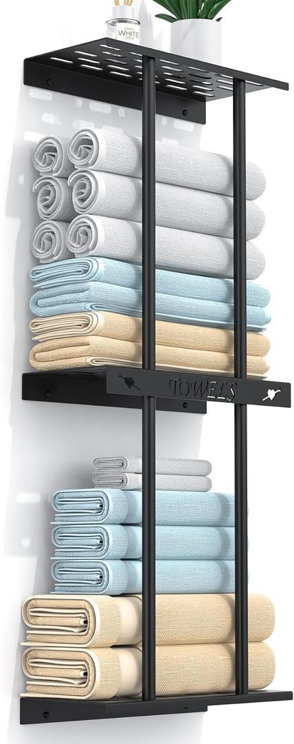 Wall Towel Racks for Bathroom, Wall Mount Towel Rack Towel Storage for Bathroom, Rolled Towel Rack with Shelf for Small Bathrooms, Black