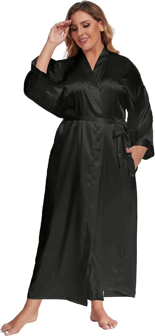 Women's Plus Size Long Satin Robes Plus Size Long Silk Robes Kimonos Sleepwear Dressing Gown (Black, XXL)