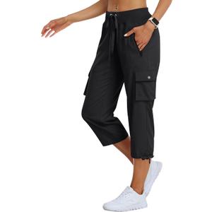 MoFiz Women's Cargo Capris Hiking Pants Lightweight Quick Dry Outdoor Athletic Travel Casual Loose Comfy Cute Zipper Pockets, black, X-Large