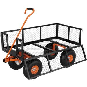 Heavy Duty Steel Garden Cart, 500 LBS Capacity 3 in 1 Pullable Garden Wagon with 10" Wheels, for Gardening Soil, Tools, and Plant Transport (Black Orange)