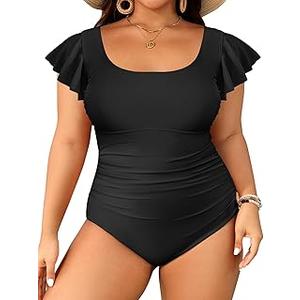 Plus Size One Piece Swimsuit - Women Tummy Control Bathing Suit Ruffle Vintage Swimwear with Sleeves (24W)