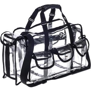 Professional Clear PVC Makeup Kits Organizer Make up Set Bag MUA Carry All Artist Transparent Vinyl Travel Cosmetic Bag with 6 External Pockets & Tissue Holder
