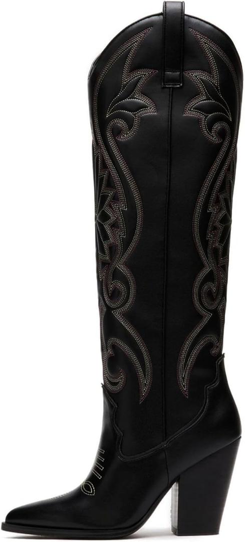 WIRALOMI Cowboy Boots for Women Knee High Cowgirl Boots with Embroidered Chunky Heel Western Tall Boots (9, Black)