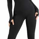 Popilush Women's Long Sleeve Jumpsuit with Built-in Bra, Square Neck, Full Length, Stretchy Skinny Workout Leggings (Black, Medium)