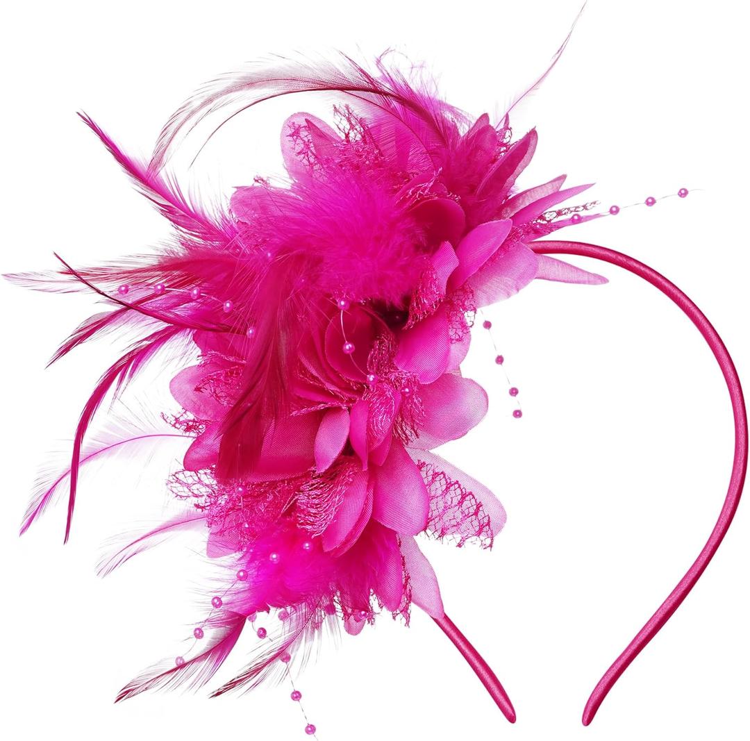 Womens Fascinators Hats Tea Party Hats for Women, Feather Pearl Veil Headband for Wedding Cocktail Dresses Accessories (One Size, Rosy Red)