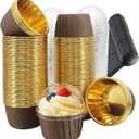 Muffin Cups with Lids 100Pack,Free-Air 3.5Oz Foil Cupcake Liners,Mini Muffin Liners Cupcake Baking Cups,Disposable Muffin Tins Cupcake Wrappers,with Spoons-Brown in gold