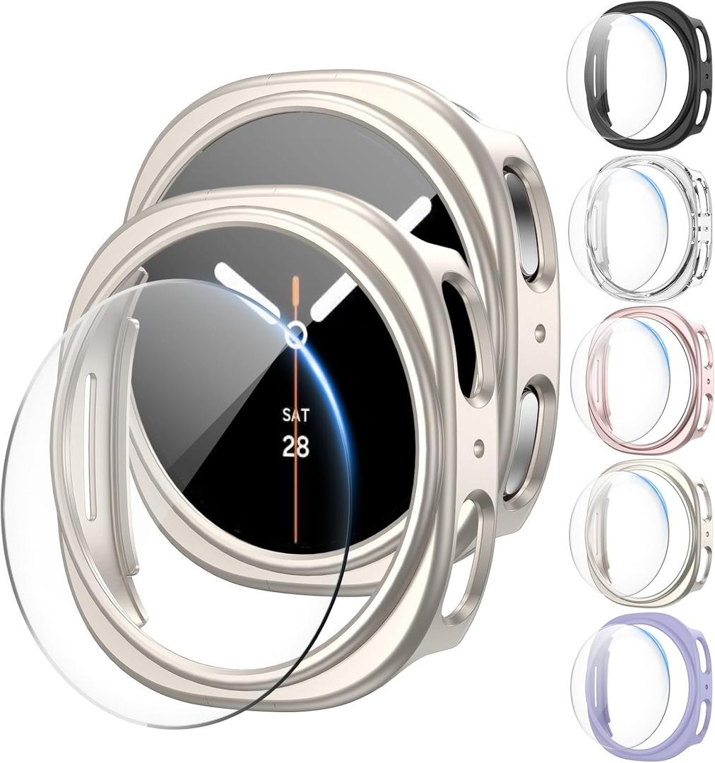 5+5Pack Case for Samsung Galaxy Watch 8 44mm Screen Protector with Anti-Fog Tempered Protective Film Glass Hard PC Bumper Cover (Black/Clear/Rosegold/Starlight/Purple)