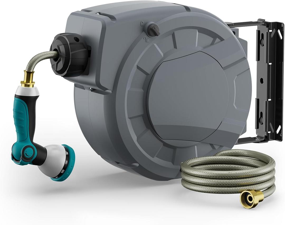 Retractable Garden Hose Reel 5/16 Inch x 33ft,Wall Mounted Hose Reel with 3/4 Inch Brass Fittings 10 Pattern Nozzle, Auto Rewind System, Any Length Lock, 180 Swivel Metal Bracket (Grey)