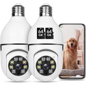 Light Bulb Security Camera HD Pan Tilt Wireless 360 Degree Floodlight Night Vision 5Ghz with Floodlight Human Motion Detection and Alarm 2pack with 64GB Card