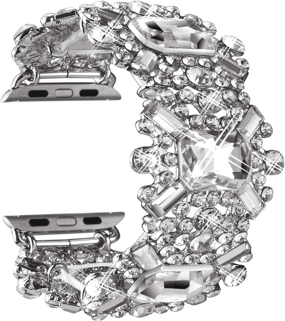 VIQIV Bling Bands Compatible with Apple Watch Band 38mm 40mm 41mm 42mm 44mm 45mm 49mm Iwatch Series SE 9 8 7 6 5 4 3 2 Ultra, Diamond Rhinestone Dressy Metal Wristband Strap for Women, Silver