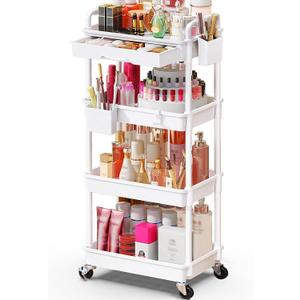 Makeup Cart Organizer with Drawers, 4 Tier Floor Skincare Organizers for Vanity, Rolling Makeup Bathroom Storage Cart Cosmetics Display Cases for Skin Care Perfume Nail Polish, White