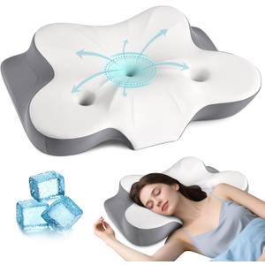 Cerrvical Neck Pillow- Ergonomic Memory Foam Pillows for Sleeping, Dual Ear Relief Zone Contour Pillow, Neck Support Pillows for Side Back &Stomach Sleeper (White)