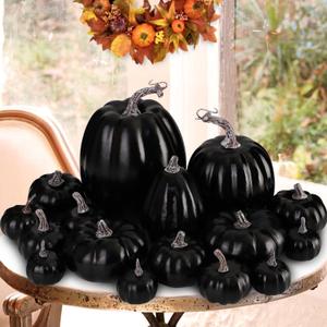 Ywlake 16 Pcs Assorted Sizes Artificial Pumpkins, Large Black Fake Pumpkin Fall Decor for Autumn Harvest Thanksgiving Halloween Decoration Faux Pumpkins for Outdoor Decorating