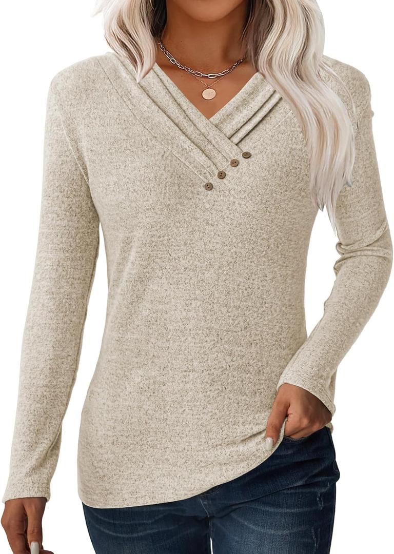 GKBK Women Long Sleeve Tunic Tops for Leggings V Neck Button Loose T Shirts 2026 Fall Dressy Casual Blouse Sweatshirt Sweater (Medium, Khaki)