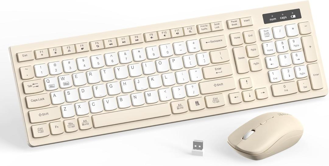 Silent Wireless Keyboard and Mouse Combo, Full-Sized Wireless Keyboard and Adjustable DPI Mouse, 2.4GHz USB Receiver, Keyboard and Mouse for PC, Windows, MAC, Desktop, Laptop (Latte-Color B)