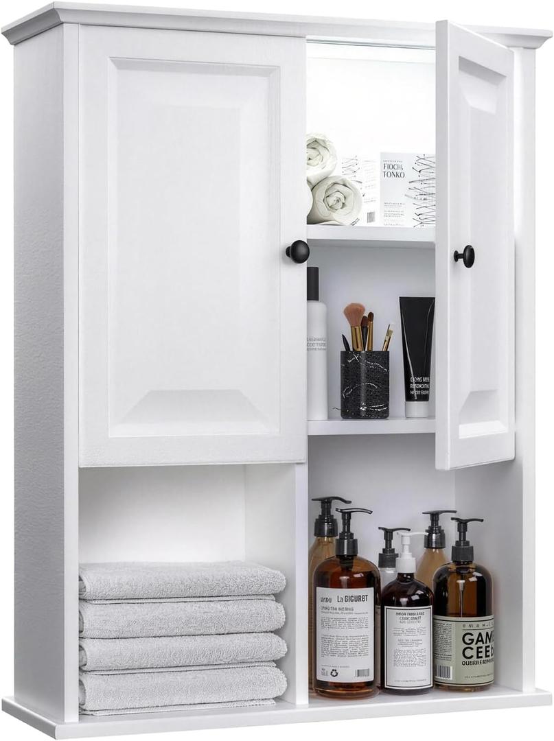 HAIOOU Bathroom Wall Cabinet with Motion Sensor LED Light, Wooden Medicine Cabinet Wall Mounted Cupboard, Over Toilet Storage Cabinet with Buffering Hinges and Adjustable Shelf - Modern White, 23.6" W x 8.2" D x 29.5" H