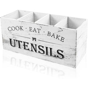 Kitchen Utensil Holder Farmhouse, Wooden Utensil Organizer with 4 Compartments, Wood Kitchens Utensils Caddy for Kitchen Countertop, Rustic Cooking Utensils Storage (white)