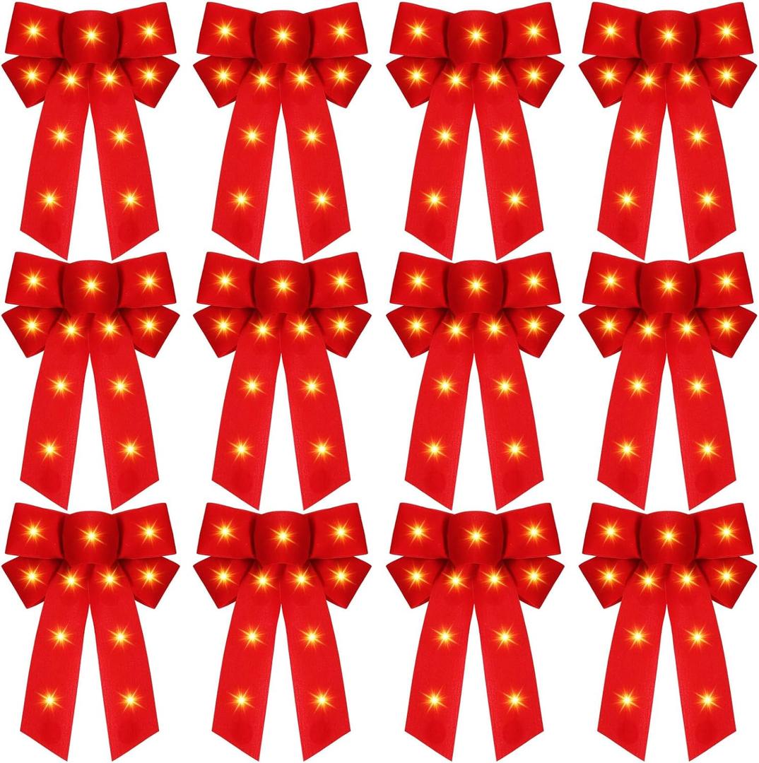 Crowye 12 Pcs Large LED Valentines Bows Lighted Velvet Bows Decoration Wreath LED Light Bow Christmas Tree Topper for Indoor Outdoor Xmas Winter Decoration (5 x 8 Inches,Red)