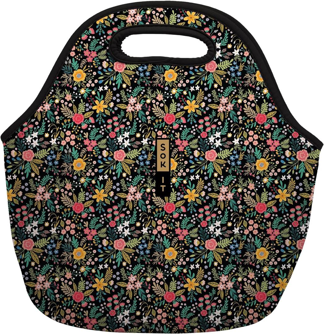 Sok It LunchTote Zippered Bag Insulated Neoprene Caddy (English Garden Picnic, Large 4.5 Quart Lunch Tote)