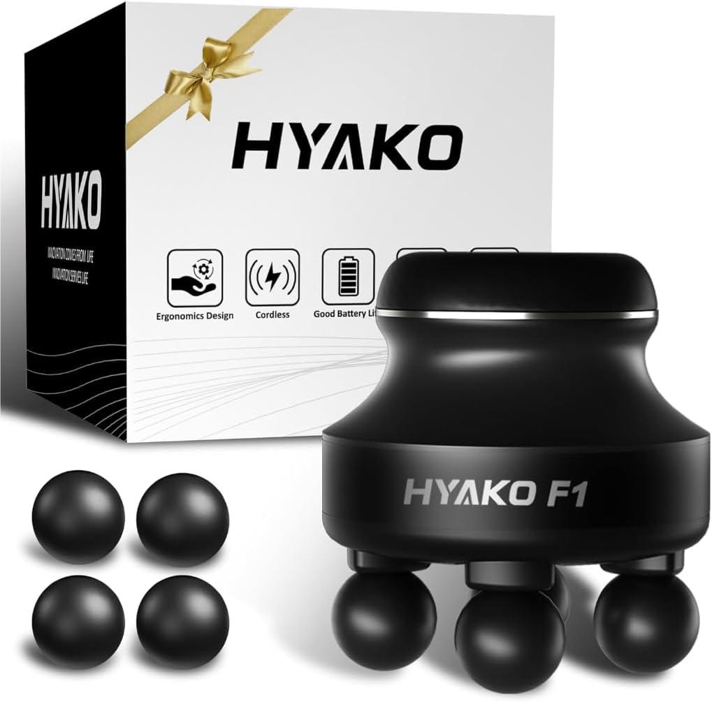 HYAKO F1 4-Heads Handheld Electric Deep Tissue Body Massager  Portable Orbital Professional Muscle Massager Tool for Easing Shoulder and Back Tension and Chiropractic Tool for Myofascial Release