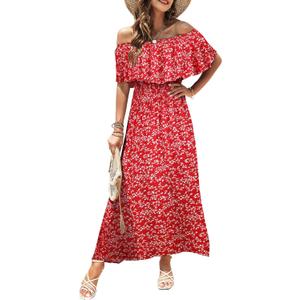 Bluetime Womens Maxi Dress Off Shoulder Floral Print Boho Beach Long Summer Dresses S