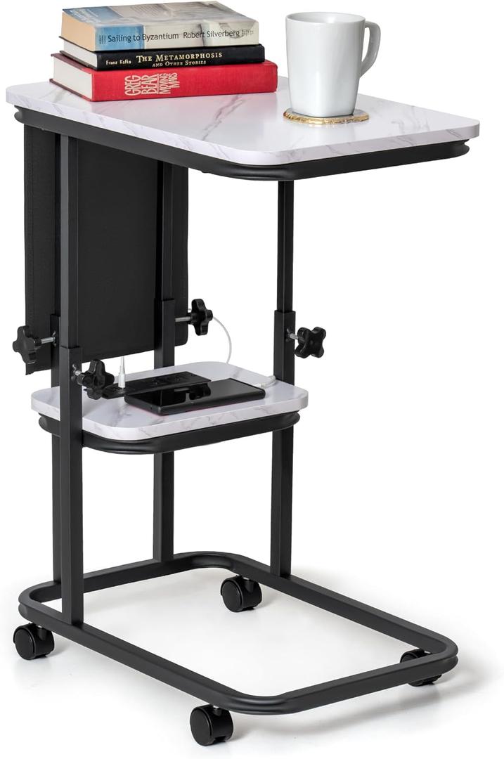 C Shaped End Table with Charging Station, Adjustable Height, Large