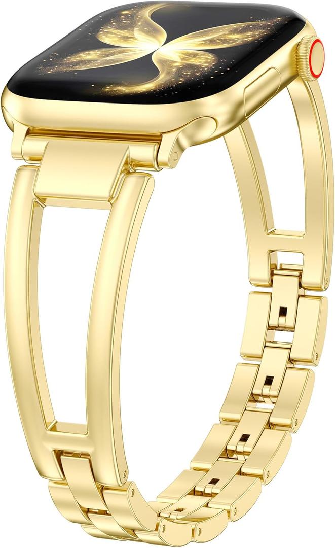 Wearlizer Compatible with Apple Watch Band 38/40/41/42mm(Series 11 10) Women, Dressy Fancy Stainless Steel Metal Strap Pretty Slim Designer Bracelet for iWatch Series 11 10 9 8 7 6 5 4 SE/Ultra 3 2 1 (Gold)