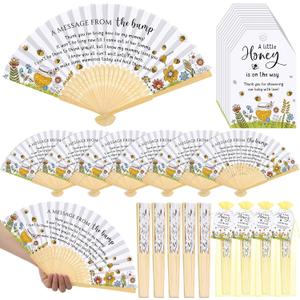 Threehoney 50 Sets Bee Baby Shower Hand Fans for Guests, Bamboo Folding Fans with Thank You Cards Organza Bags Bee Baby Shower Party Favors Decorations