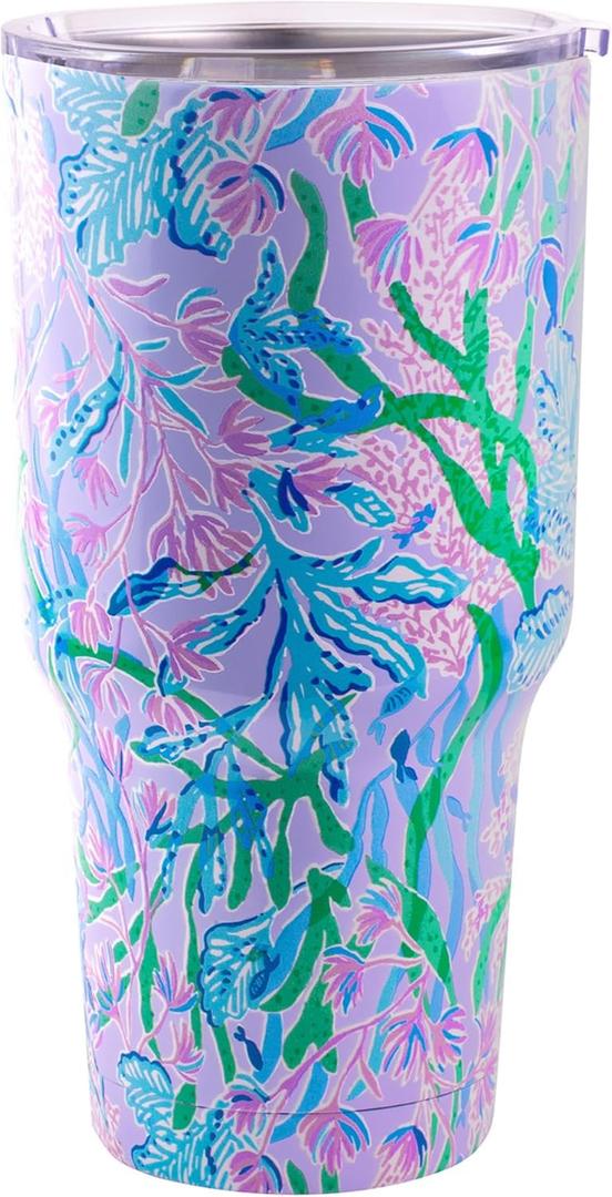 Lilly Pulitzer 30 Oz Insulated Tumbler with Lid, Large Stainless Steel Travel Cup, Double Wall Metal Tumbler (Secret Escape)