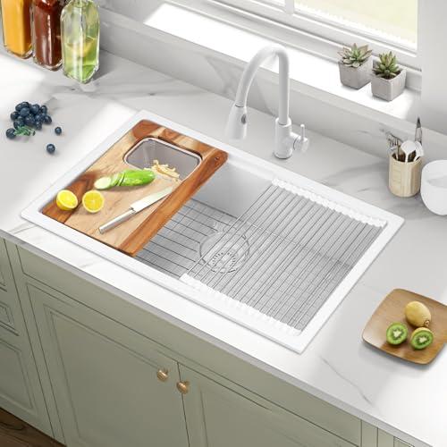 Granite Composite Kitchen Sink 32"X18"X9" White Top Mount or Drop In Sinks Single Bowl Kitchen Sinks with Workstation Accessories Noise-Free Undermount Sink with Cutting Board, Grid, Drying Rack