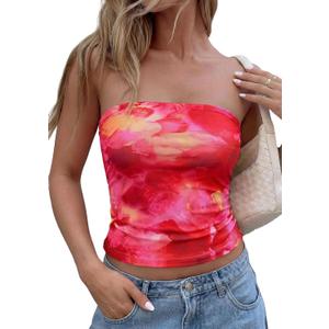 PRETTYGARDEN Tube Tops for Women 2026 Summer Spring Floral Strapless Going Out Tops Y2K Mesh Cute Beach Vacation Clothes (Red, XXL)