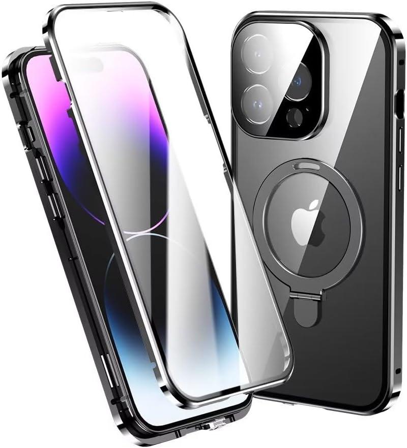 for iPhone 14 Pro Max Case Compatible with Magsafe [Magnetic Adsorption + Safety Lock] Ring Stand Aluminum Bumper Tempered Glass Screen Lens Protector (iPhone14ProMax, Black)