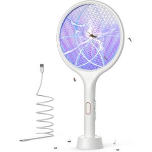 YISSVIC Electric Fly Swatter 4000V Bug Zapper Racket Dual Modes Mosquito Killer with Purple Mosquito Light Rechargeable for Indoor Home Office Backyard Patio Camping (White)